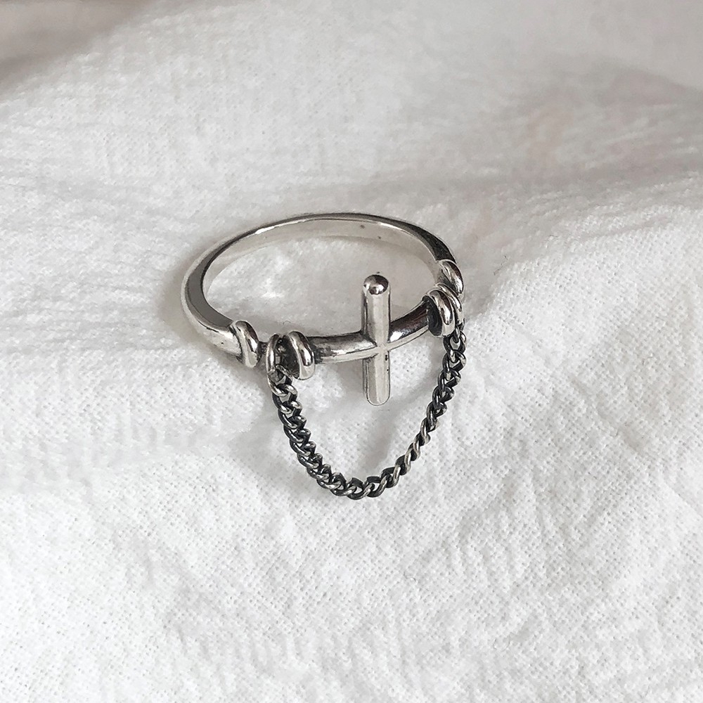 Nhẫn kim loại mặt hình thánh giá phong cách hiphop hàn quốc