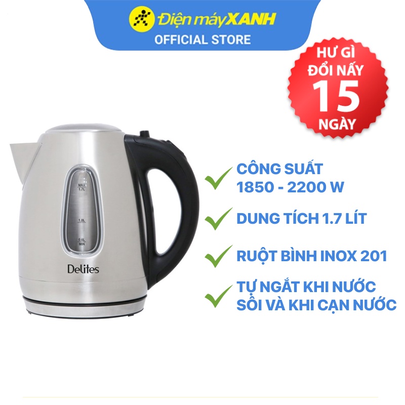 [Mã ELHADEV giảm 4% đơn 300K] Bình đun siêu tốc inox Delites HHB1732 1.7 lít - Chính hãng BH 12 tháng