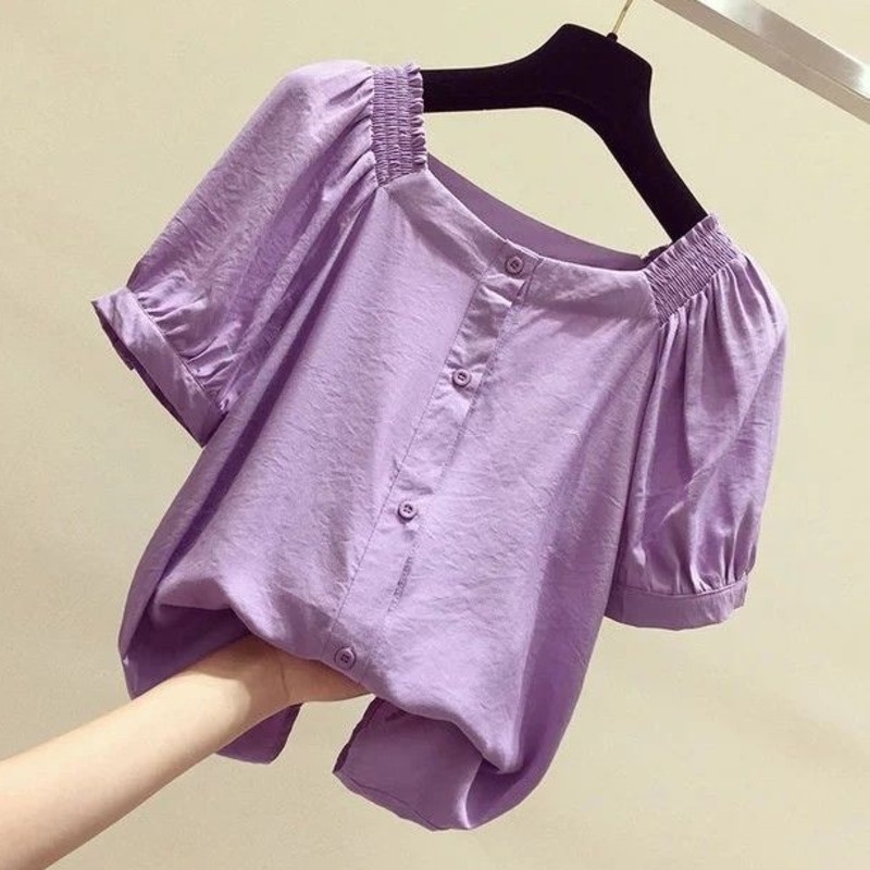 Áo Sơ Mi Trơn Ngắn Tay 164288 Áo Cardigan Cổ Vuông Dáng Rộng Thiết Kế Đơn Giản Thời Trang Cho Nữ