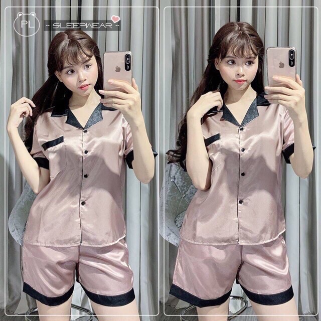 Bộ pijama lụa phi phối cổ