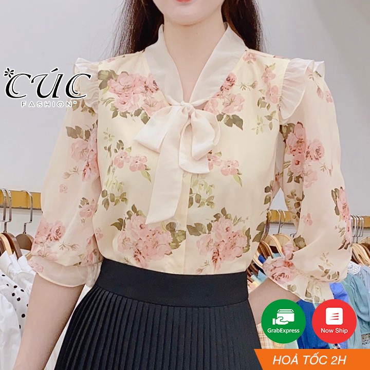 Áo sơ mi nữ cao cấp công sở Cúc Fashion A186 áo hoa tơ 2 lớp