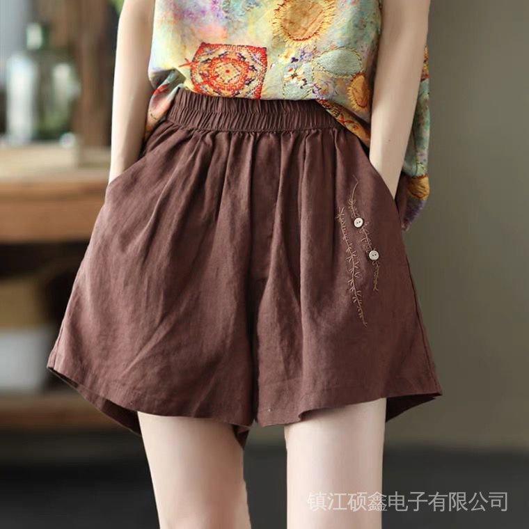 Quần Short 100% Cotton Lưng Thun Ống Rộng Thêu Họa Tiết Thời Trang Cho Nữ