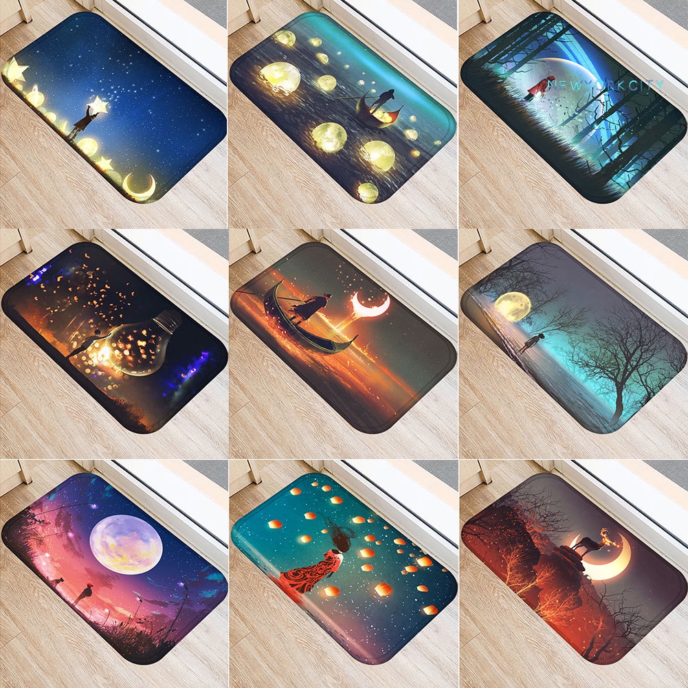 Thảm lót cửa chùi chân Chống Trượt Họa Tiết Phong Cảnh Đêm Hoạt Hình