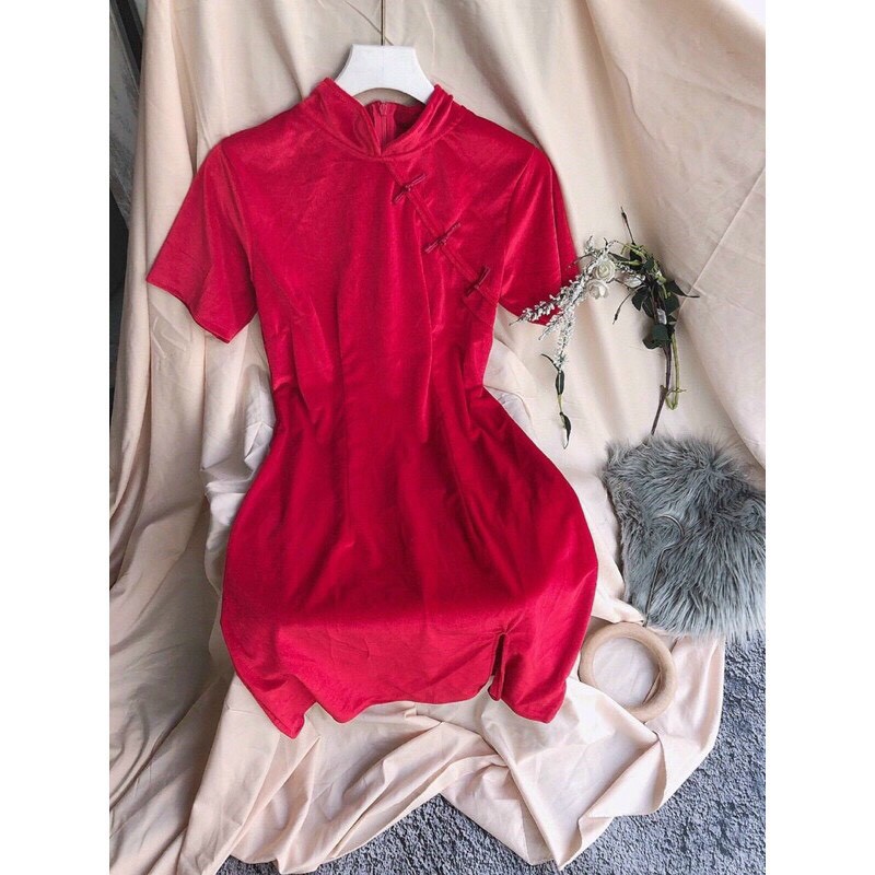 [Ảnh thật] Đầm Váy Đỏ Body Cổ Tàu, Sườn Xám Cách Tân Cho Mùa Tết