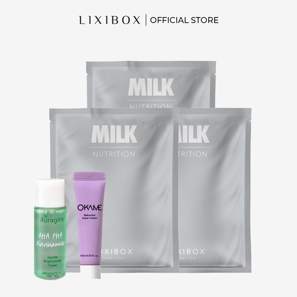 [HB GIFT] Combo Toner The Auragins 20ml, 3 Mặt nạ Lixibox Milk, Kem dưỡng Okame Bakuchiol 10ml