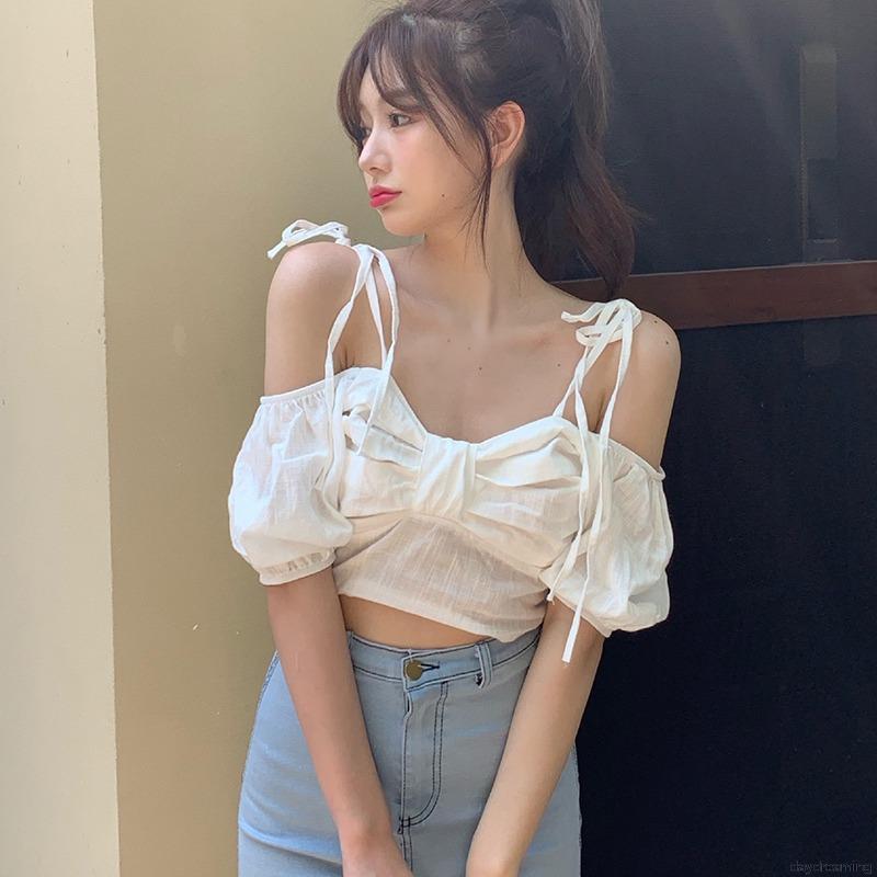 Áo croptop trễ vai phối dây buộc phong cách gợi cảm thời trang dành cho nữ