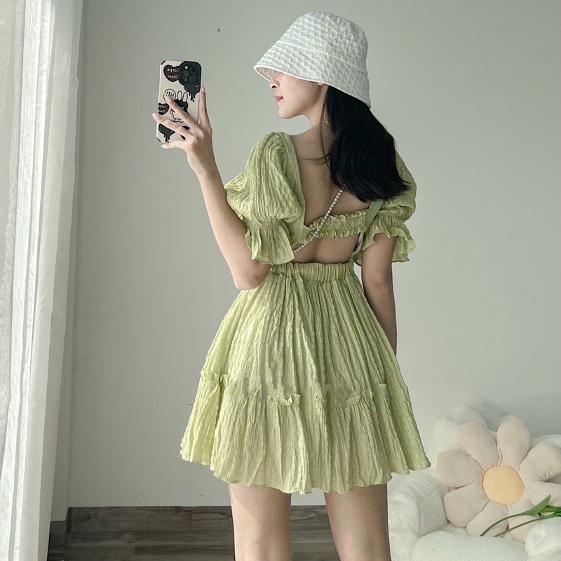 Đầm xòe hở lưng chun sau chất vải xốp, mã VX01, màu xanh bơ