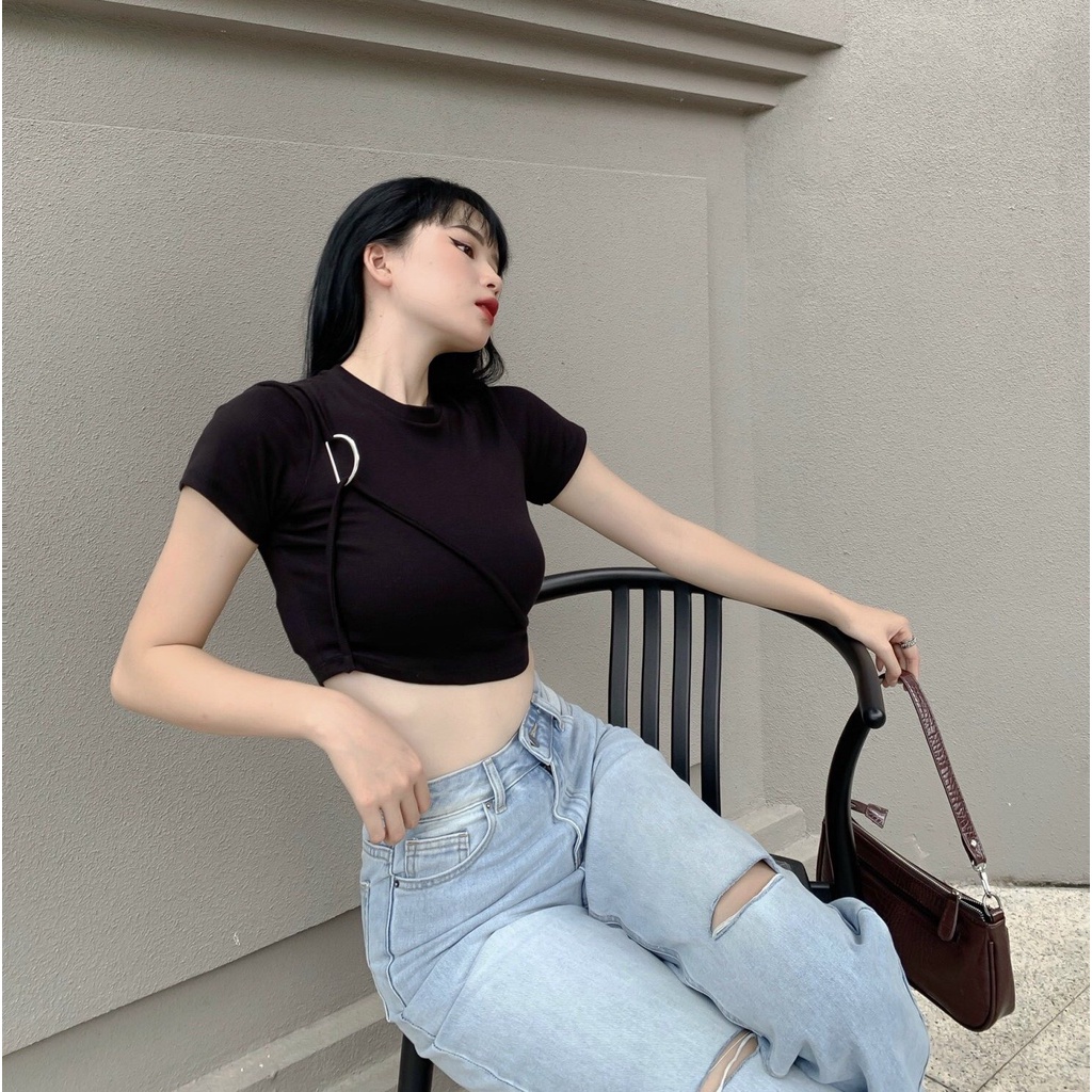 Áo croptop nữ body trơn ngắn tay TOPTIFY chất thun gân form basic AC04