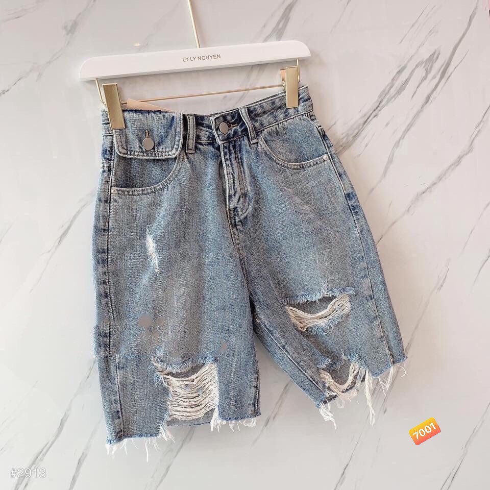 QUẦN SHORT LỬNG JEAN – BÒ NGÓ ĐÙI KIỂU NỮ LƯNG CAO XANH TRƠN BASIC RÁCH BỤI 13