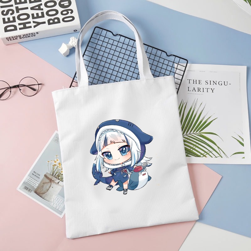 Túi tote vải trắng đeo vai in hình GAWR GURA Hololive Vtuber phong cách anime chibi tiện lợi thời trang
