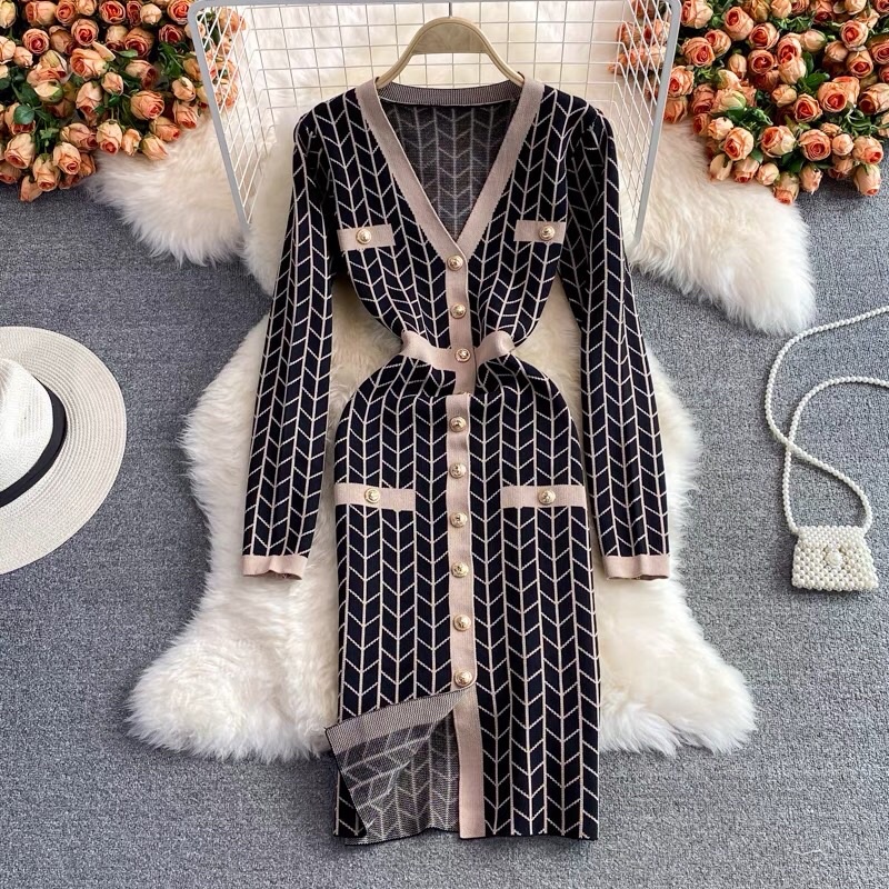 (oder china) Váy len body kẻ sang chảnh