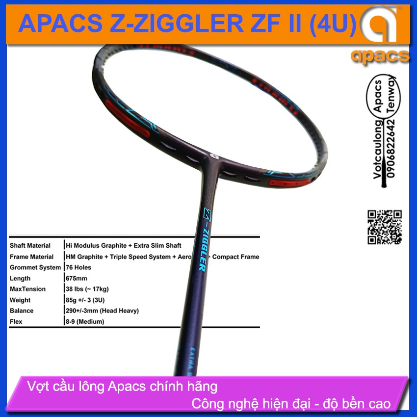 [Vợt cầu lông Apacs Z-Ziggler ZFII - 4U] Thân đũa 6.4mm chống cản gió, sơn nhám đường chỉ xanh sáng