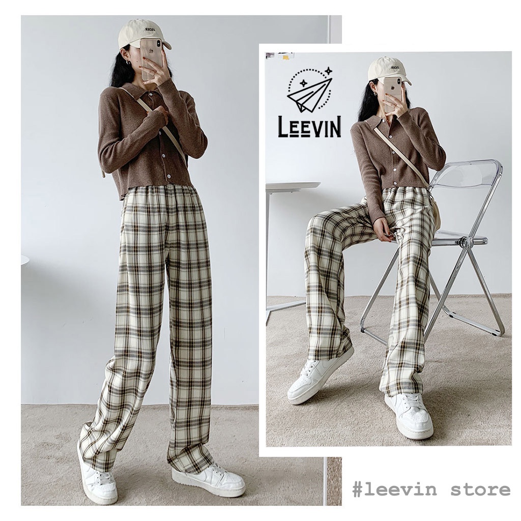 Quần Kẻ Caro Nữ Ống Suông Rộng Culottes Unisex PLAID Gam Màu Pastel ULZZANG Kiểu Quần Ống Rộng Nữ Cạp Cao Leevin Store