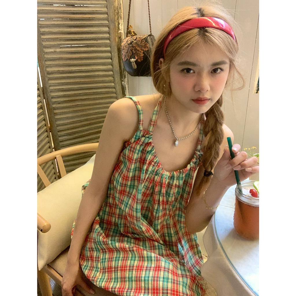 Porozi Đầm Hai Dây Hở Lưng Họa Tiết Sọc Caro Dễ Thương Phong Cách Hàn Quốc Cho Bé Gái