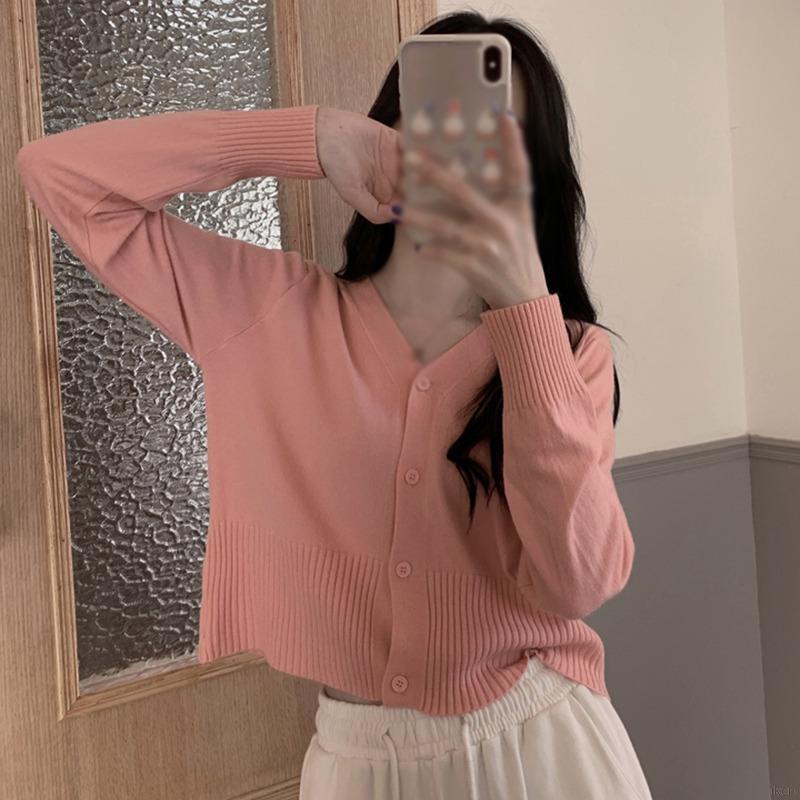 Áo cardigan dệt kim tay dài cổ chữ V màu sắc thanh lịch