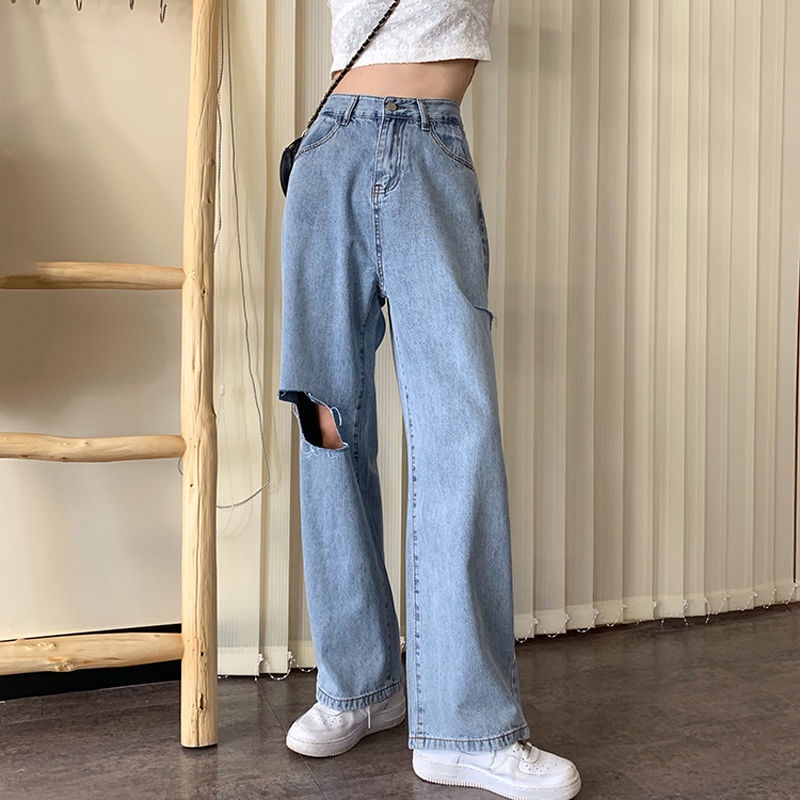 Quần Jean Nữ Lưng Cao Ống Rộng Rách Gối Phong Cách Hàn Quốc Cổ Điển Thời Trang Mùa Hè Size S-Xl 2 Kiểu