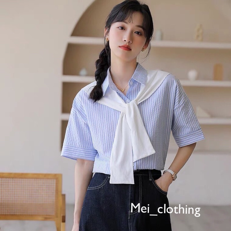 Áo sơmi kẻ cộc tay cổ thuỷ thủ kèm khăn choàng  A54
