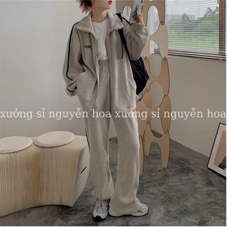 Sét bộ thể thao nữ, bộ nỉ bo gân áo nỉ kéo khóa kèm quần suông sọc đen (kèm video/ảnh thật) Xưởng Sỉ Nguyễn Hoa