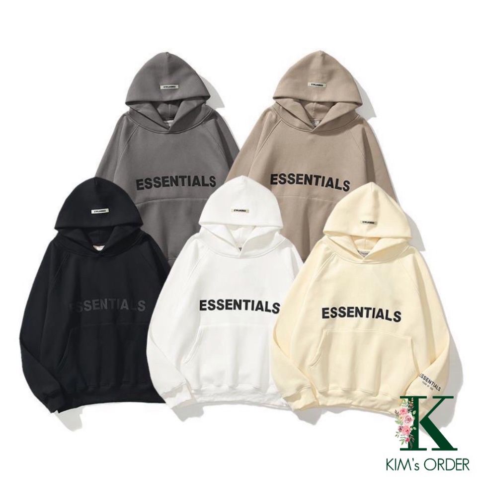 Áo hoodie Unisex chữ ESSENTIALS màu đen trắng be xám đậm chất nỉ bông có mũ dài tay phong cách Ulzzang form rộng LK1 G22