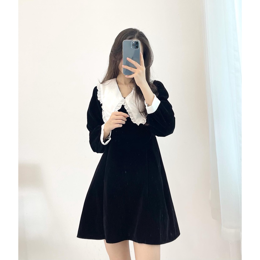 Đầm nhung cổ bèo ống tay trắng Miho house