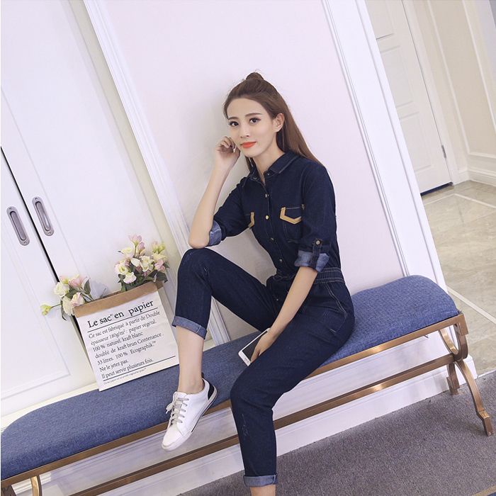 Jumpsuit Denim Dài Tay Thiết Kế Mới Kiểu Dáng Đơn Giản Thời Trang Theo Phong Cách Hàn Quốc