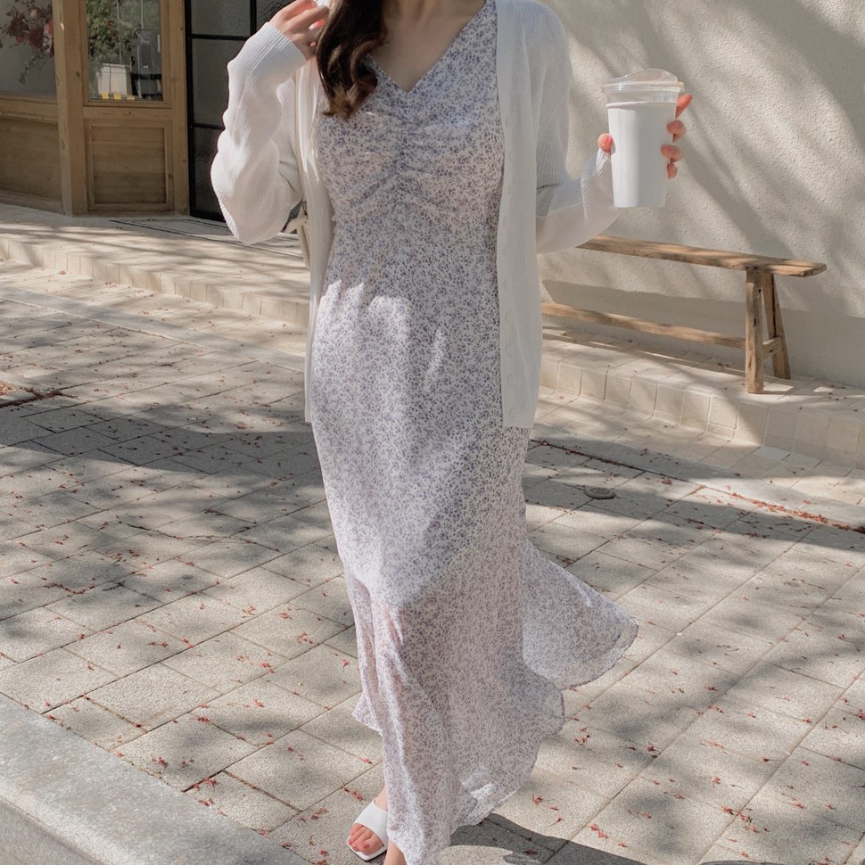 Đầm Voan Hoa Cổ Chữ V Xinh Xắn Theo Phong Cách Hàn Quốc 43033