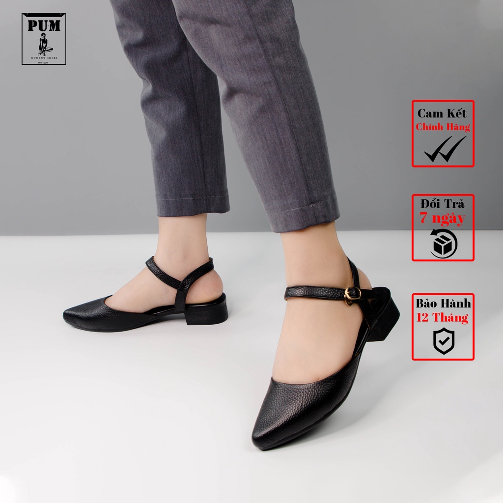 Giày da sandal nữ trung niên có quai cài công sở cao cấp PUM LS11 kiểu dáng mũi nhọn màu đen, nâu,trắng, da không nhăn