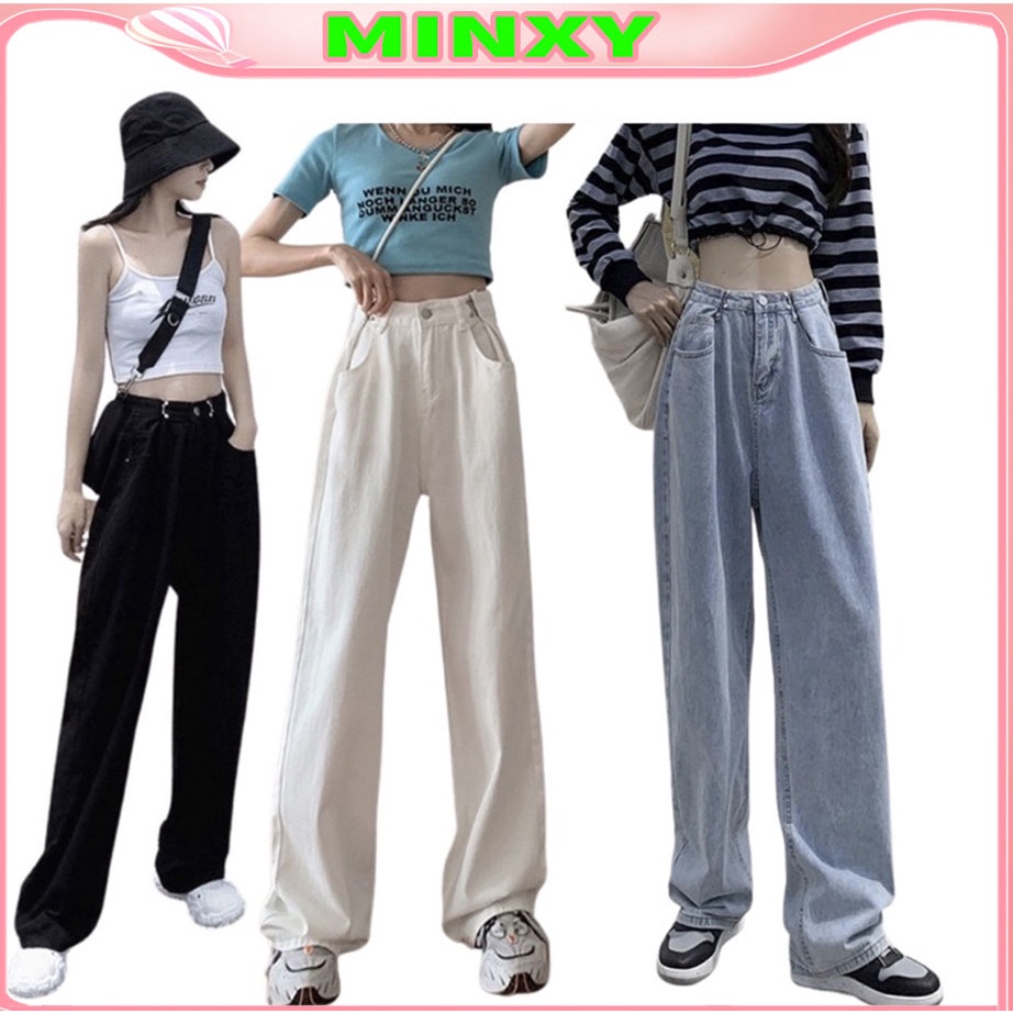 Quần jean ống rộng nẹp cài eo,quần bò dáng suông cullotest cạp cao hách dáng,quan jeans ống xuông-MINXY SHOP