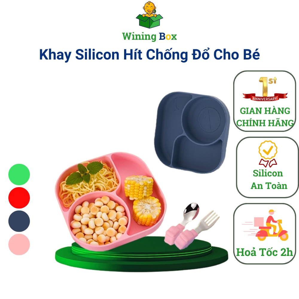 Khay ăn dặm silicon chống đổ có đế hút chân không hình vuông  cho bé mẫu 2023 Winingbox