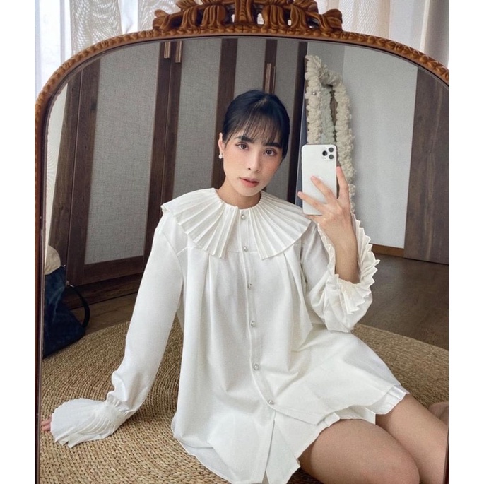Áo Sơ Mi Trắng Nữ Cổ Bèo Dập Li Tay Loe Tiểu Thư