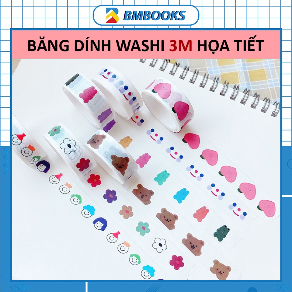 Washi tape cute dạng họa tiết dài 3m trang trí sổ tay, Bullet Journals dễ thương nhiều phân loại BMBooks