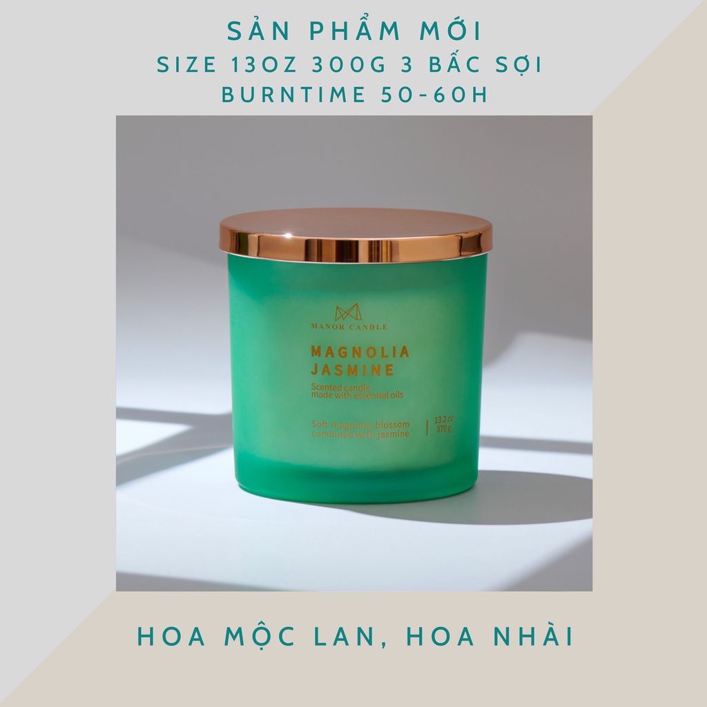 Nến thơm MAGNOLIA JASMINE cao cấp không khói an toàn, sáp cọ size 13oz 3 bấc 300gram