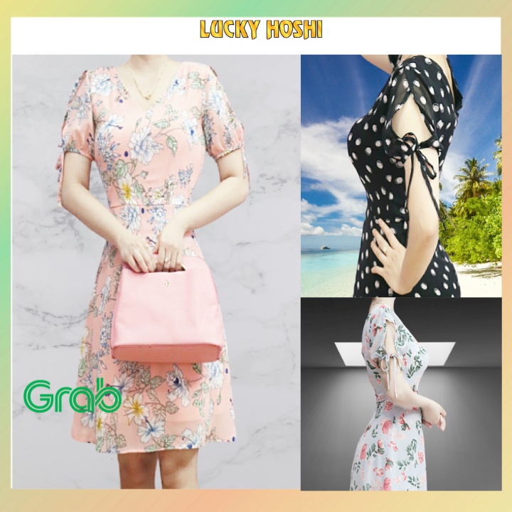 Đầm công sở nữ thiết kế đẹp thanh lịch dáng xòe với vải chấm bi tay xẻ cột nơ dễ thương DT01