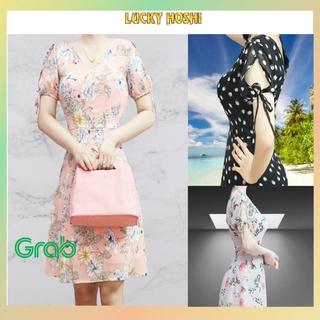 Đầm công sở nữ thiết kế đẹp thanh lịch dáng xòe với vải chấm bi tay xẻ cột nơ dễ thương DT01