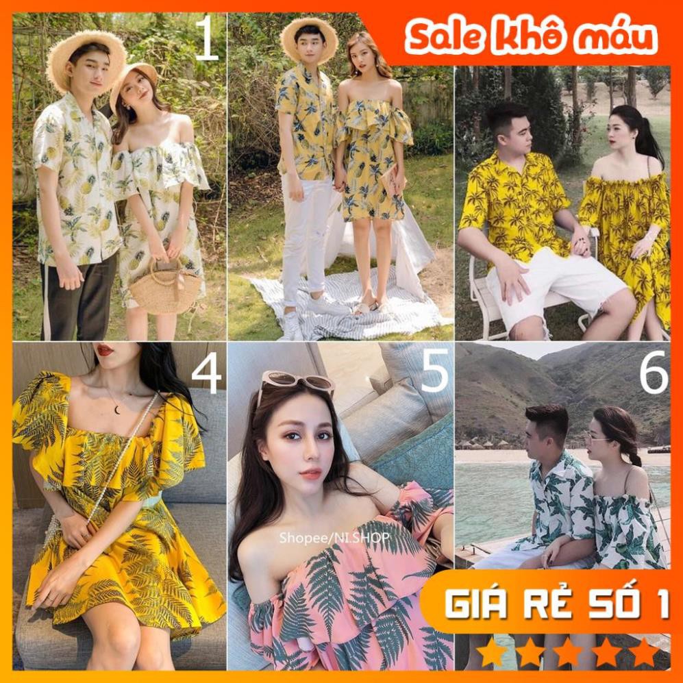 Set Đôi Áo hoa lá - Váy Đũi Đi Biển - Vải đẹp,mát, không nhăn
