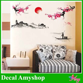 Sticker Trang Trí Decal Dán Tường Phòng Khách Tranh Thủy Mặc DKN015