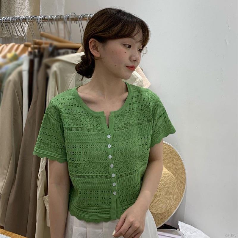 Áo croptop dệt kim tay ngắn cổ chữ v màu sắc đơn giản phong cách Hàn Quốc cho nữ