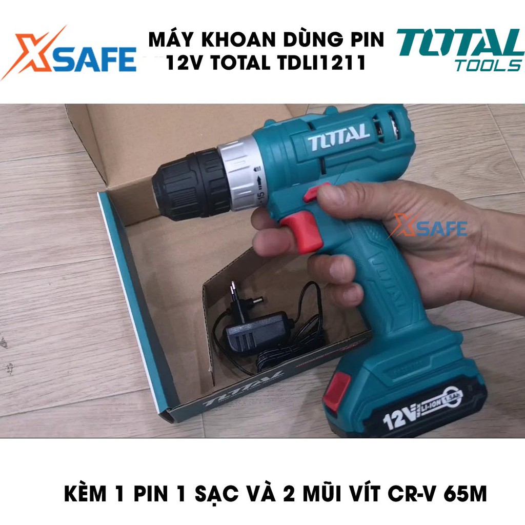 Máy khoan dùng pin 12V TOTAL TDLI1211 Kèm 1 Pin 1.5Ah 1 Sạc 2 mũi vít CR-V 65mm Máy khoan cầm tay lực siết tối đa 20N.m