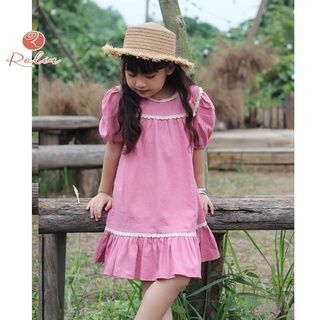 Váy bé gái ROLIA chất liệu Linen màu hồng viền cổ ren V17
