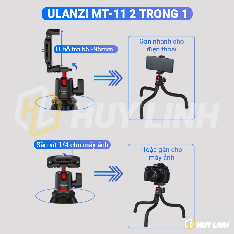 Chân Tripod Mini Ulanzi MT-11 Cho Điện Thoại/Máy ảnh Mirroless, DSLR - Tặng kèm nút chụp hình bluetooth