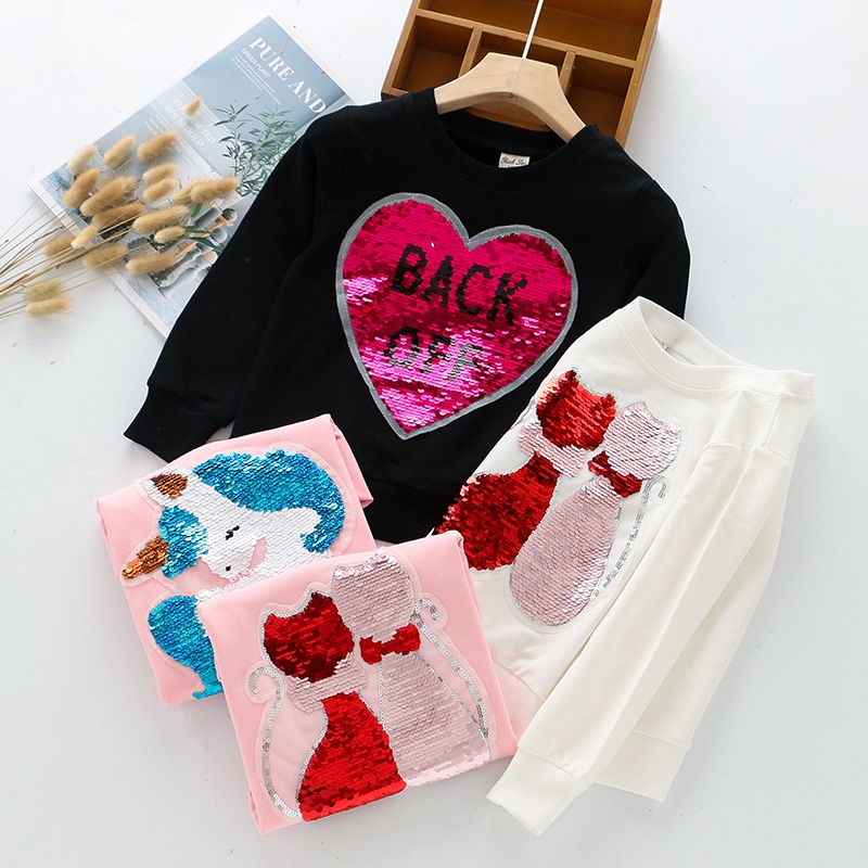 Áo Thun Cotton Tay Dài In Hình Kỳ Lân Đính Kim Sa Thay Đổi Màu Sắc Dành Cho Bé Gái 2-12 Tuổi