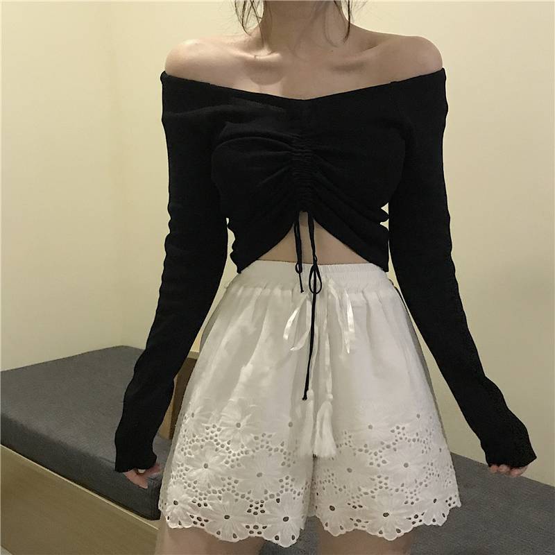 Áo len croptop tay dài Áo Dệt Kim Tay Dài Trễ Vai Phối Dây Rút Phong Cách Hàn Quốc Thời Trang Xuân Thu 2020 Mới Cho Nữ