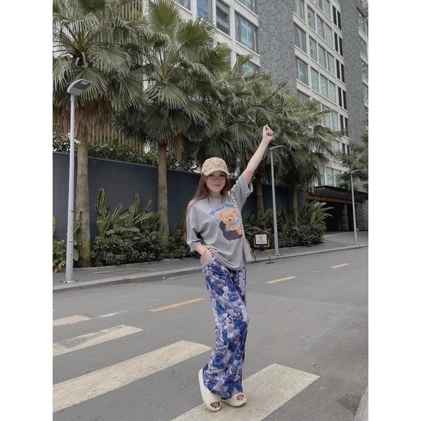 Set quần suông gân áo thun cotton gấu mang kiếng