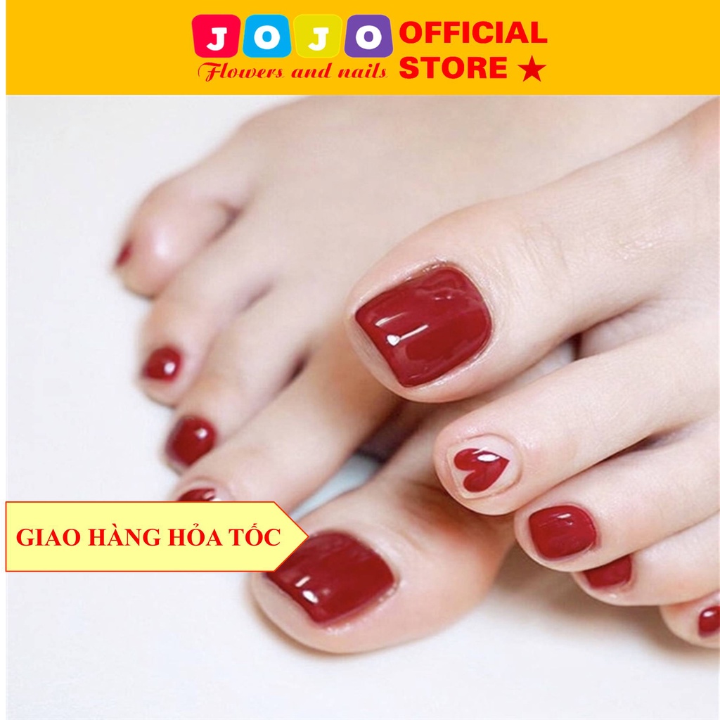 Set 24 móng chân giả sơn trơn đỏ họa tiết trái tim đẹp Jojo J51  móng giả thời trang kèm keo tự làm tại nhà