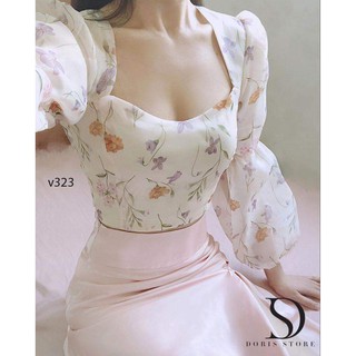 Áo croptop sơ mi nữ voan hoa nhí dài tay