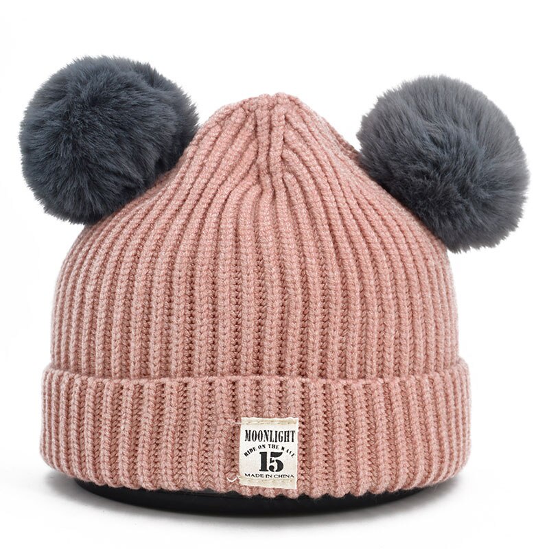 Mũ Beanie Đan Len Dày Dặn Màu Trơn Đính Hai Quả Bông Dễ Thương Thời Trang Thu Đông Cho Bé 3-24 Tháng Tuổi