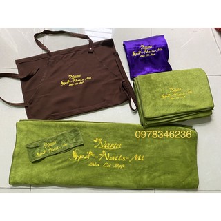 Set khăn gội, trải, quây, tạp dề, băng đô thêu logo