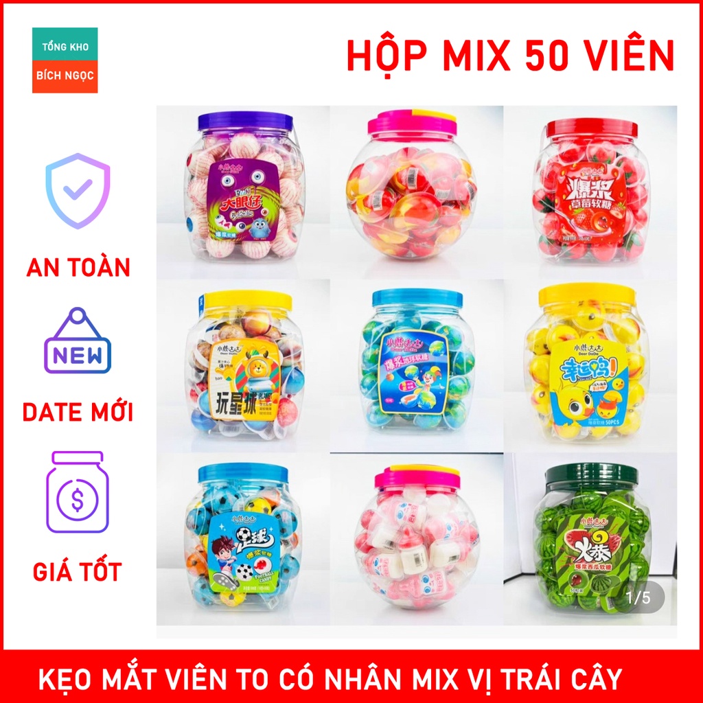 Hộp 50 Viên Kẹo Dẻo Trái Cây Viên To Có Nhân, Vị Mix Thơm Ngon Fun Eyeballs Hongkong, Hình Trái Đất, Quả Dưa Hấu ...
