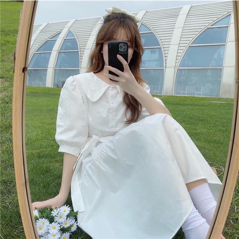 Váy Ulzzang 🌸 Váy tiểu thư cổ bẻ thắt dây eo dành cho nữ phong cách Hàn Quốc chất đũi mịn bánh bèo | BigBuy360 - bigbuy360.vn