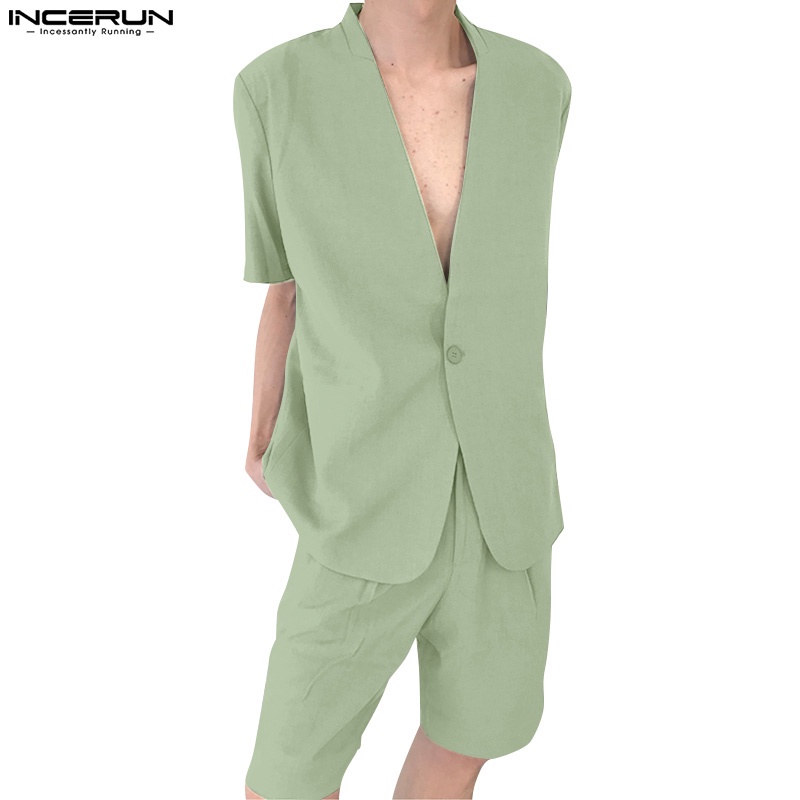 Set INCERUN gồm áo sơ mi ngắn tay + quần short màu trơn thời trang nam tính